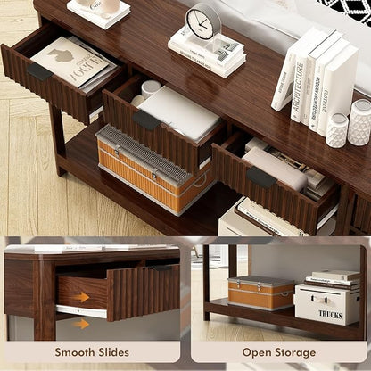 Set of 2 Console Table with Drawers, Modern 47.1" Entryway Table with Storage Shelf, Boho Narrow Skinny Behind Couch Wood Sofa Table for Living Room Hallway Entrance Foyer,Walnut