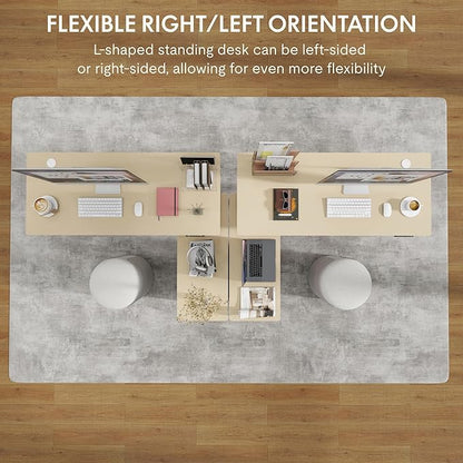 FLEXISPOT 63'' L Shaped Reversible Standing Desk with Drawers and Shelves, Large Corner Stand Up Executive Desk for Home Office, Light Wood Grain Top+ White Frame