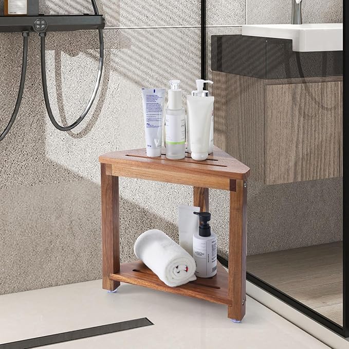 Shower Foot Rest 13.5in, Acacia Wood Shower Stool for Shaving Legs, Small Foot Stool with Storage Shelf, for Inside Small Shower Spaces