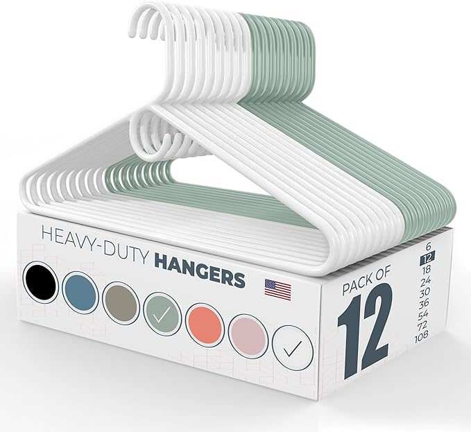 Neaties Heavy Duty Clothes Hangers 12 Pack – Made in The USA – 8lb Capacity Plastic Hangers for Adult Clothing – Durable for Pants, Coats, Jackets, or Jeans – White & Mint