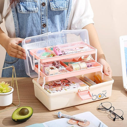 Kinsorcai 2PCS 12'' Three-Layer Clear Plastic Storage Box/Tool Box, Multipurpose Organizer and Portable Handled Storage Case for Art Craft and Cosmetic (White)