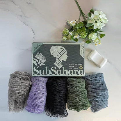 SubSahara Authentic African Net Sponge - 5 Pack Exfoliating Bath & Shower Loofah Sponge for Body & Face, Gentle Scrubber for All Skin Types, Travel, Durable