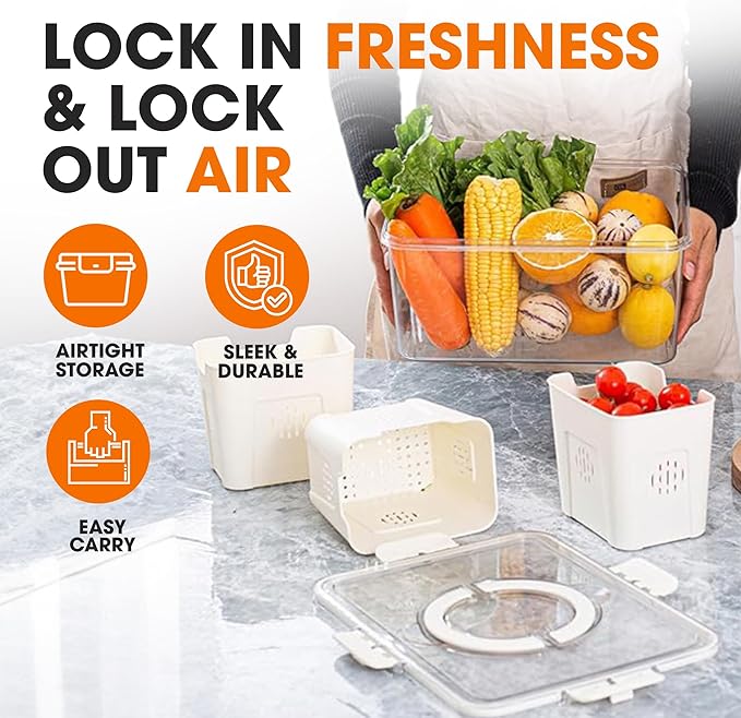Cheer Collection Fruit Organizer for Refrigerator – 4-Compartment Produce Saver with Lid & Handle, Fruit and Veggie Storage Containers, Produce Containers for Fridge Organization & Storage