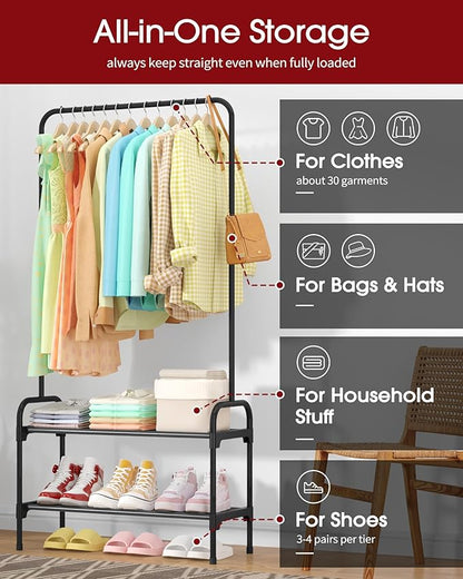 Clothes Rack - Clothing Rack with 2-Tier Shoe Rack and Anti-Slip Stopper, Shoe Organizer for Entryway, Bedroom, or Laundry, Black, 29" × 12.2" × 59.3"