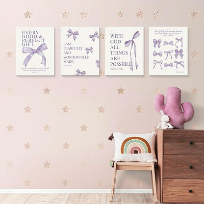 LARTSFRO Coquette Purple Bow Canvas Wall Art Decor Prints Posters, Purple Bow Room Bedroom Bathroom Dorm Wall Art Decor Aesthetic for College Teen Girls Gifts, Inspirational Bible Verses Bow Wall Decor, 11x14 Inch Set of 4 Pcs Bow Pictures (Canvas Fram...