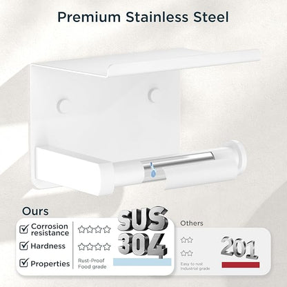 FORIOUS Toilet Paper Holder with Shelf, Adhesive or Screw Wall Mount Toilet Paper Roll Holder for Bathroom, Rustproof 304 Stainless Steel Toilet Roll Tissue Holder Dispenser with Shelf (1, White)