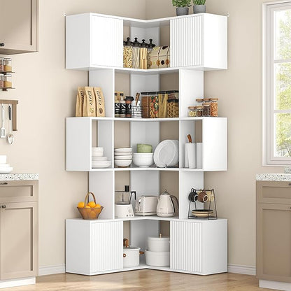 Semoic 71 inch Corner Bookshelf, 5 Tier Storage Bookcase, L-Shaped Cube Bookshelf, Wood Modern Book Shelf Organizer for Living Room/Home Office/Bedroom Display Unit, White