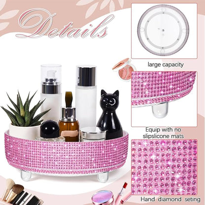 Honeydak Pink Bling Perfume Makeup Organizer Bling Mother's Day Nurses Day Gifts for Women Bathroom Organizers and Storage 360 Rotating Makeup Organizer for Countertop(Resin Stone)