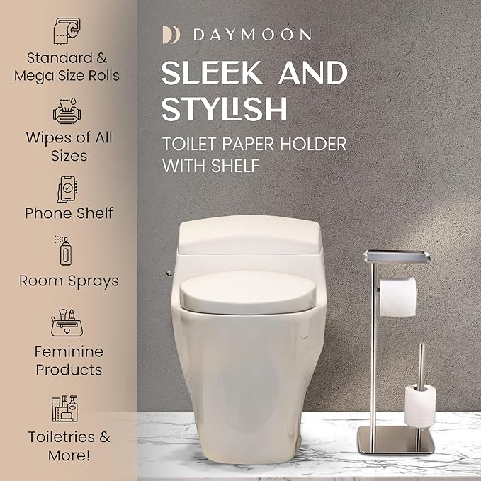 Day Moon™ - Toilet Paper Holder - Modern Roll Holder for Bathroom - 1 Pack - Free Standing - with Shelf, Brushed Nickel
