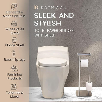 Day Moon™ - Toilet Paper Holder - Modern Roll Holder for Bathroom - 1 Pack - Free Standing - with Shelf, Brushed Nickel