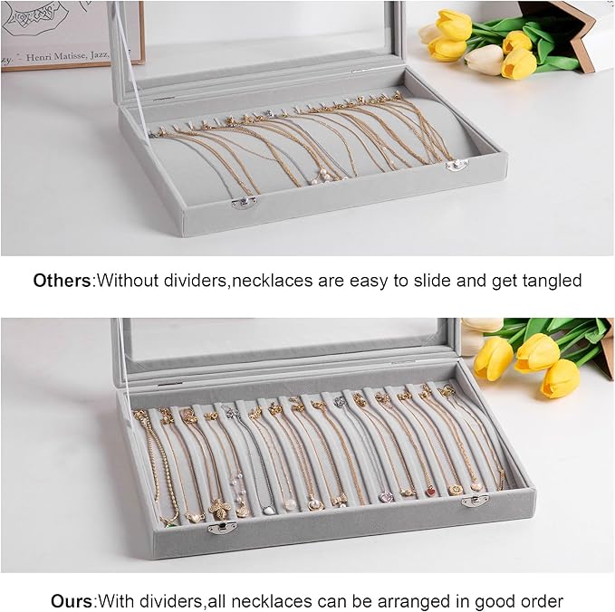 Frebeauty 15 Hooks Necklace Tray Velvet Neckalce Organizer with Clear Lid Lockable Necklace Holder Box Jewelry Organizer for Pendants Chains Necklace Jeweley Tray for Women Girl (Blackish Green)
