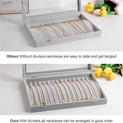 Frebeauty 15 Hooks Necklace Tray Velvet Neckalce Organizer with Clear Lid Lockable Necklace Holder Box Jewelry Organizer for Pendants Chains Necklace Jeweley Tray for Women Girls(Beige)