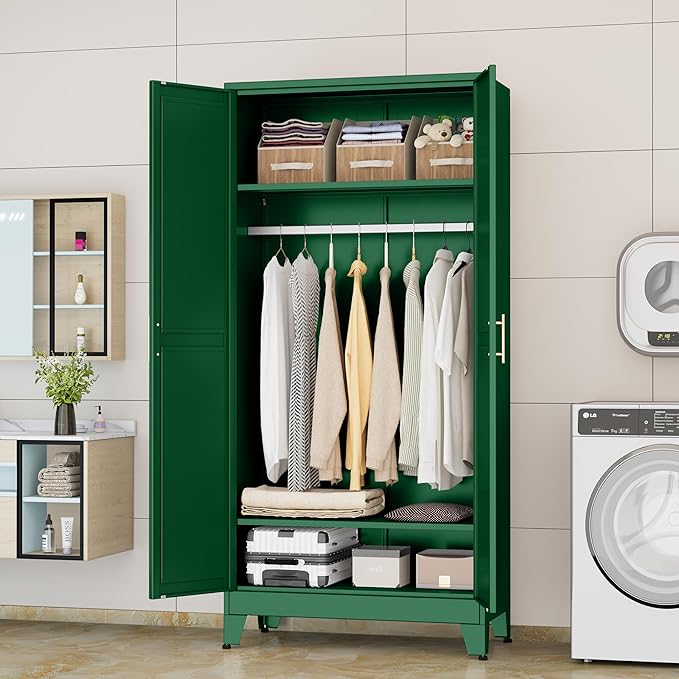 Metal Wardrobe Cabinet with Hanging Rod, 71" Metal Clothing Storage Cabinets with 2 Doors and Adjustable Shelves, Green Armoire Wardrobe Closet for Bedroom, Laundry Room, Cloak Room