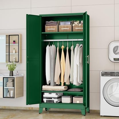 Metal Wardrobe Cabinet with Hanging Rod, 71" Metal Clothing Storage Cabinets with 2 Doors and Adjustable Shelves, Green Armoire Wardrobe Closet for Bedroom, Laundry Room, Cloak Room