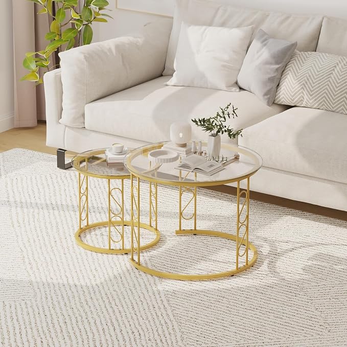 Garden 4 you Nesting Coffee Table, 23.6" Round Coffee Table Set of 2, Glass Nesting Table with Metal Frame, Ceter Tables for Living Room Bedroom Balcony, Gold