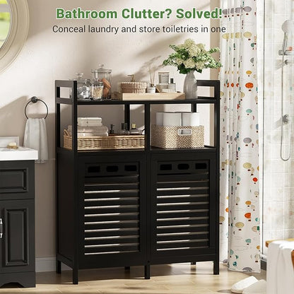 Homykic Tilt Out Laundry Hamper Cabinet, Bamboo Double Laundry Hamper with 2 Removable Laundry Baskets, 20 Gal Laundry Sorter Organizer with Shelf for Dirty Clothes, Bathroom, Laundry Room, Black