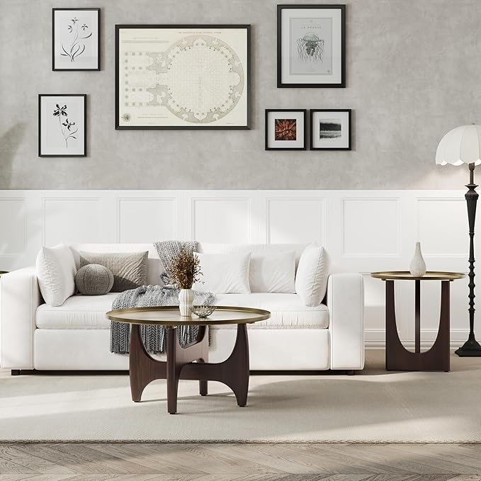 ACEDÉCOR Wood Living Room Table Set, Round Coffee Table Set with1 End Table, 2 Piece Living Room Set with Walnut Geometric Legs and Brushed Gold Tray Top, Easy to Clean