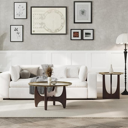 ACEDÉCOR Wood Living Room Table Set, Round Coffee Table Set with1 End Table, 2 Piece Living Room Set with Walnut Geometric Legs and Brushed Gold Tray Top, Easy to Clean