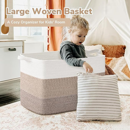 Goodpick 105L Woven Blanket Basket 25" x 16" x 16" Cotton Rope Storage Bins for Dirty Clothes, Extra Large Gift Basket for Living Room Home Decor, Toy Storage Baskets for Kids, Gradient Brown