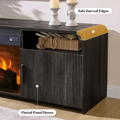 AMERLIFE 70" Fluted Fireplace TV Stand for TVs Up to 80", Modern TV Console with 30" Electric Fireplace & Storage Cabinets, Media Entertainment Center for Living Room, Black