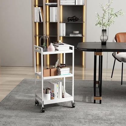 3-Tier Metal Utility Rolling Cart, Heavy Duty Multifunction Rectangular Cart with Lockable Casters, Kitchen Storage Carts Suitable for Office, Bathroom, Kitchen - White
