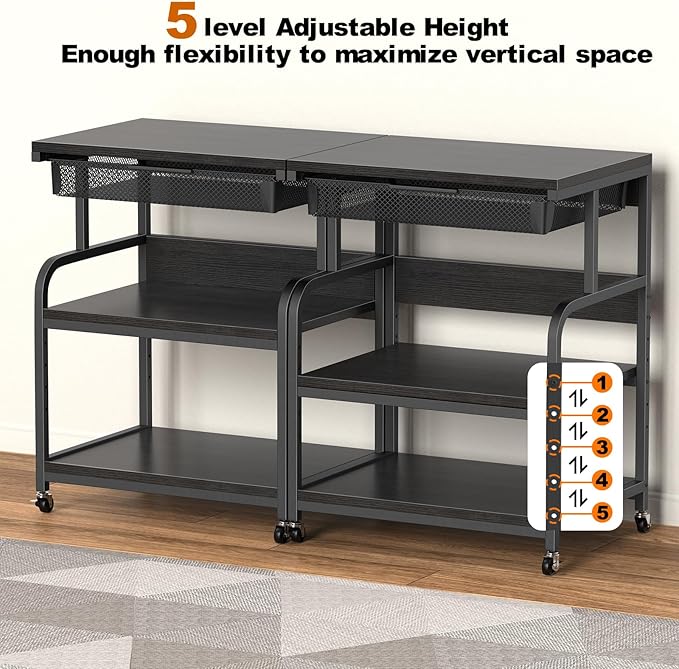 EasyCom 23.6''x18.9'' Extra Large Printer Stand with Drawer, 5-Adjustable Heights 3 Tier Table with Wheels, Rolling Printer Cart with Storage for Printer Scanner Fax Home Office Use