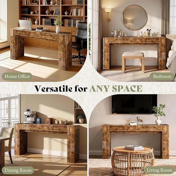 AMERLIFE 63" Burl Wood Console Table, Modern High Gloss Entryway Table with 2 Storage Drawers, Long Sofa Table Behind The Couch for Entrance, Hallway, Foyer, Living Room, Brown