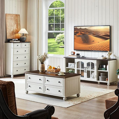 48" Farmhouse Coffee Table with Hidden Storage,Wooden Coffee Tables with 4 Drawers & Roman Column Handle,Rectangular Rustic Center Table with Solid Wood Curved Base for Living Room,Office,White
