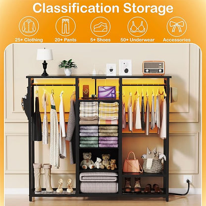 Dresser with Hanging Clothes Rack, 4 Drawers Dresser for Bedroom with LED Lights and Charging Station, Fabric Storage Chest of Drawers for Closet with Clothes Rack Bedroom Kid’s Room, Metal, Black