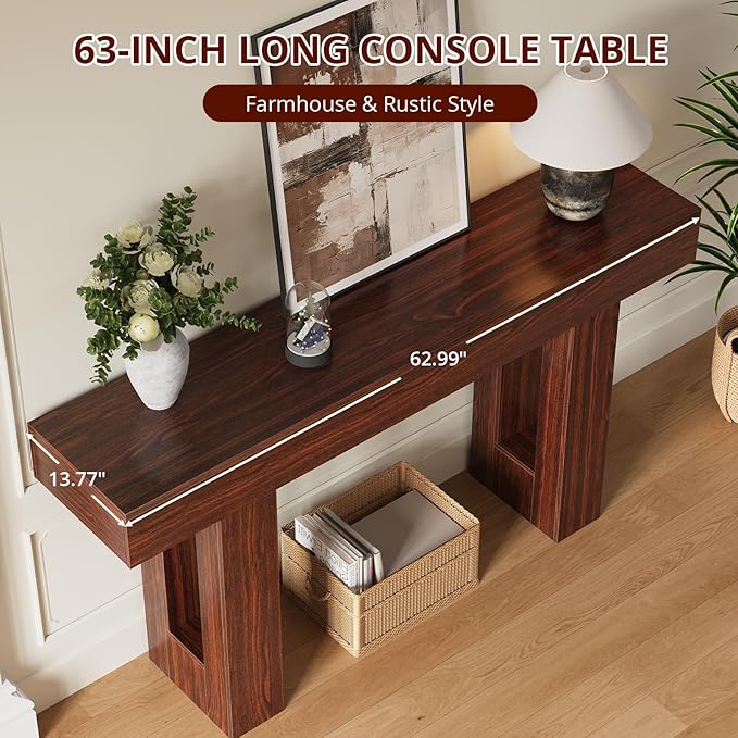 FURSUN 63" Console Table with 2 Drawers, Slim Entryway Table for Hallway, Narrow Sofa Table Behind Couch, Farmhouse Long Wood Accent Table for Foyer & Living Room, Dark Walnut
