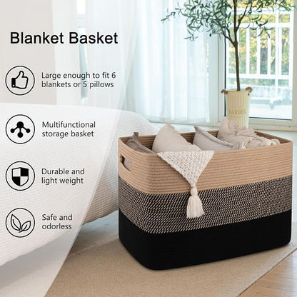 OIAHOMY 108L Super Large Blanket Basket, 25”x16”x16” Rectangle Woven Baskets for Storage, Cotton Rope Basket For Living Room, Toy Storage with Handle- Yellow and Black