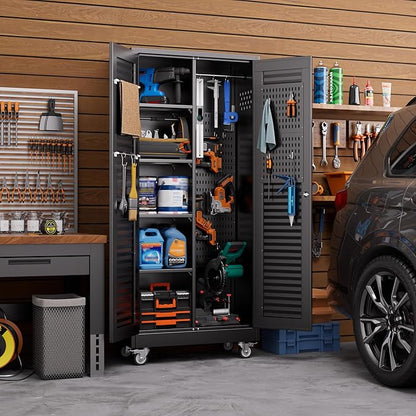 Aobabo Broom Closet Storage Cabinet,Lockable Garage Storage Cabinet with 4 Adjuatable Shelves,Required Assembly,Black,70.87''H*31.5''W*15.75''D