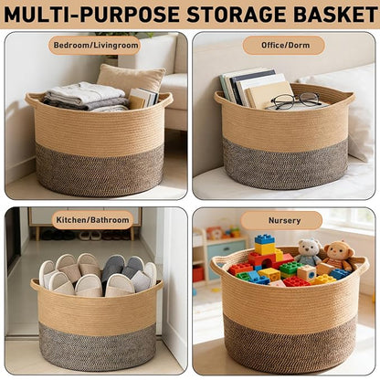 115L Extra Large Blanket Basket,Woven Rope Laundry Basket Hamper with Handles, Decorative Nursery Basket Storage Bin for Toys, Clothes Organizer, Living Room, Bedroom, Bathroom, Jute&Black