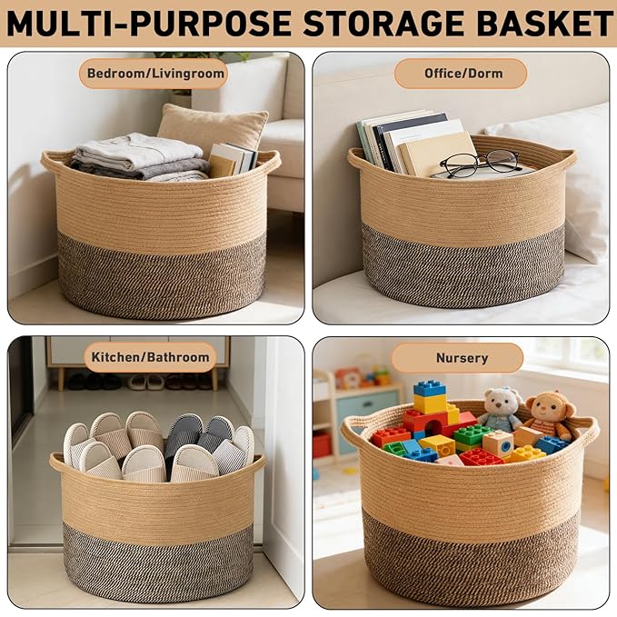 90L Extra Large Blanket Basket,Woven Rope Laundry Basket Hamper with Handles, Decorative Nursery Basket Storage Bin for Toys, Clothes Organizer, Living Room, Bedroom, Bathroom, Jute&Black