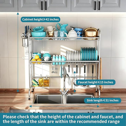 HOWDIA Stainless Steel 2-Tier Over The Sink Dish Drying Rack with Utensil Holder, Large, for Kitchen Counter