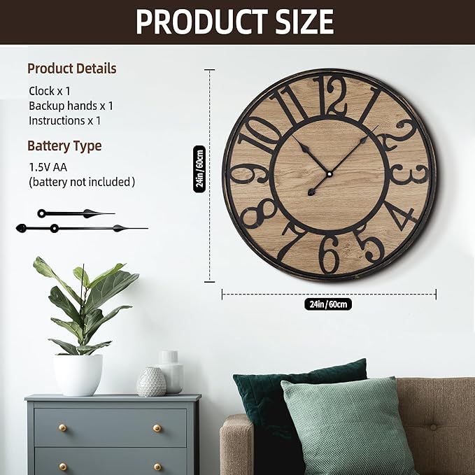 Maxstar Large Wall Clock Silent Bronze Rustic Farmhouse Metal & Wood with Arabic Numeral, Battery Operated Wall Clocks Decorative for Living Room Bedroom Office Home Decor 24inch