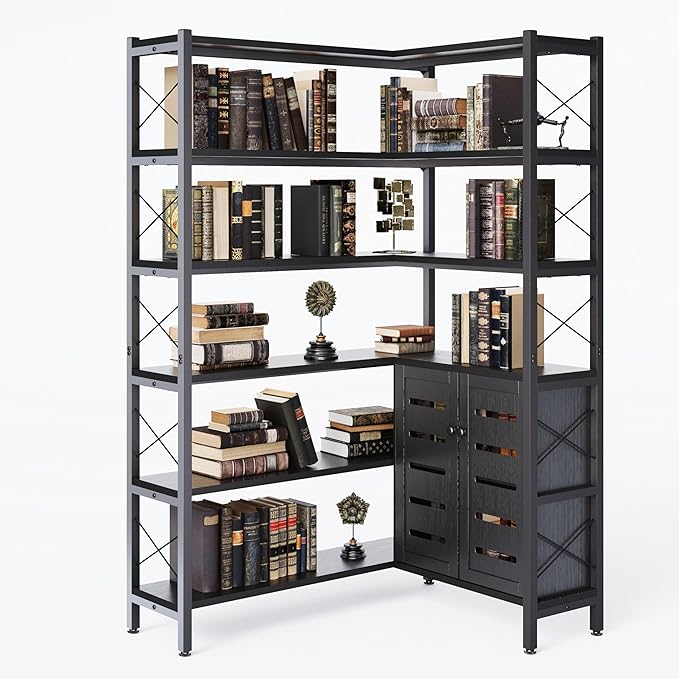Jartoil Corner Bookshelves and Bookcases Industrial Corner Etagere Bookcase L Shaped Shelf 6 Tiers with Metal Frame for Living Room Home Office