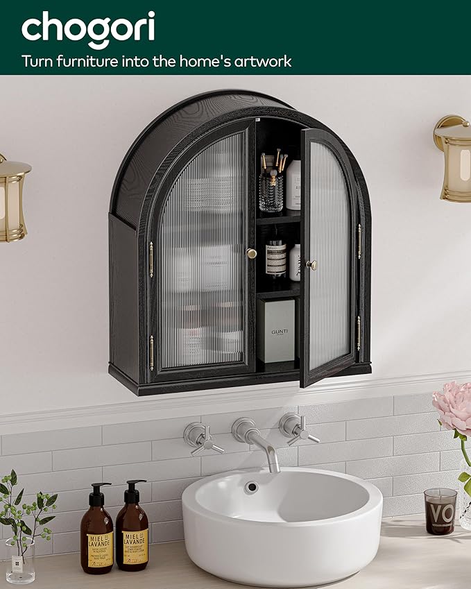 Chogori Arched Bathroom Wall Cabinet, 27x24x9 Inch Over The Toilet Storage Cabinet with Acrylic Doors & 3 Adjustable Shelves, Wall Mounted Cabinet for Bathroom, Kitchen, Laundry Room, 2PCS, Black