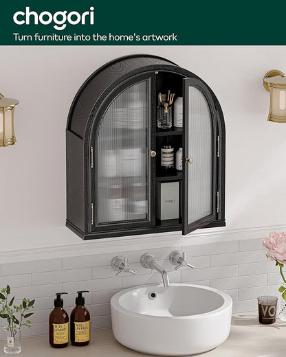 Chogori Arched Bathroom Wall Cabinet, 27x24x9 Inch Over The Toilet Storage Cabinet with Acrylic Doors & 3 Adjustable Shelves, Wall Mounted Cabinet for Bathroom, Kitchen, Laundry Room, 2PCS, Black