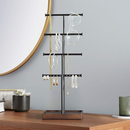 Amazon Basics Four-Tier Jewelry Organizer Tree Stand, Necklace Earring Bracelet Holder with Ring Storage, Walnut/Black