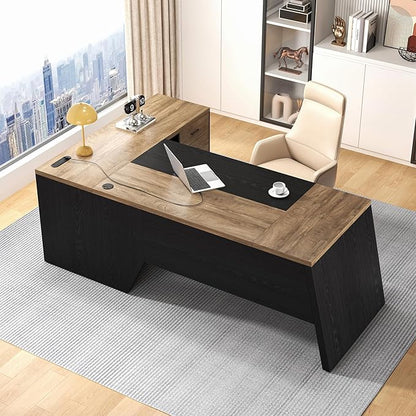 L-Shaped Executive Desk with Drawer, Large Modern Home Office Desk with Cord Hold and Power Outlet, Big Wooden Business Furniture with Lateral File Cabinet for CEO Boss, Oak Black