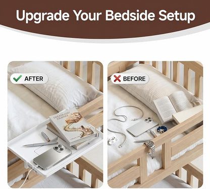 COOL-ANGLE Bedside Shelf for Bunk Bed & College Dorm, 13x9.5 Clamp-On Floating Nightstand with Hidden Storage & Cable Management, Fits Bed Rails up to 2.9", White