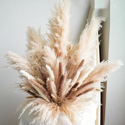 Decorative Tall Pampas Grass for Floor Vase – Premium Large Pampas Grass Decor Tall, 17"-40" Pampas Grass Stems, Dried Pampas Grass Decor Tall, Natural Pampas Grass with Beige Decor and Boho Feathers