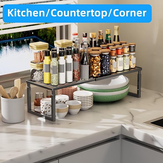 Shelf Organizer Stackable 1 Pack: Expandable (15.8"-25.5") Spice Rack Height Adjustable(6.2"/7.3"/8.5") Kitchen Organizer Countertop Metal Shelves for Pantry Storage Black