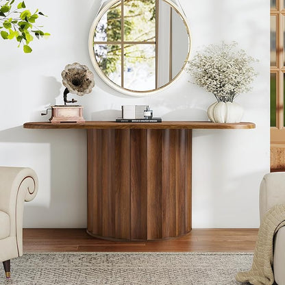 Fluted Console Table, 59'' Narrow Wooden Sofa Tables Behind Couch, Modern Entryway Table with Storage Curved Accent Table for Hallway, Living Room, Entrance, Foyer (Walnut)
