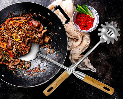 Stainless Steel Cooking Utensils Set with Wooden Handle, 7 Pcs Long Kitchen Utensil Set Stainless Steel, Heat Resistant Metal Spatula Set for Cooking with Turners, Skimmer, Ladle, Pasta Fork