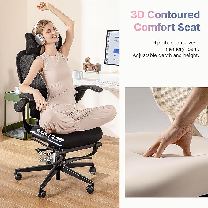 HINOMI Q2 Ergonomic Office Chair with Lumbar Support & Adjustable Headrest, Cushion Seat with Flip-Up Arms, Reclining Computer Seating with Footrest, Stylish Desk Model for Home (Pink)
