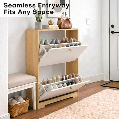 Nicetree Shoe Cabinet with 2 Flip Drawers, Narrow Shoe Organizer Cabinet, Freestanding Shoe Rack Cabinet, Modern Shoe Storage Cabinet for Entryway, Hallway, Foyer, Natural Oak and White