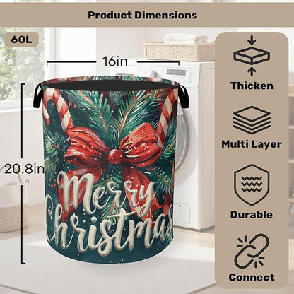 Merry Christmas Laundry Basket - Heavy Duty 60L Dirty Clothes Organizer, Water Resistant Foldable Hamper for Men Women