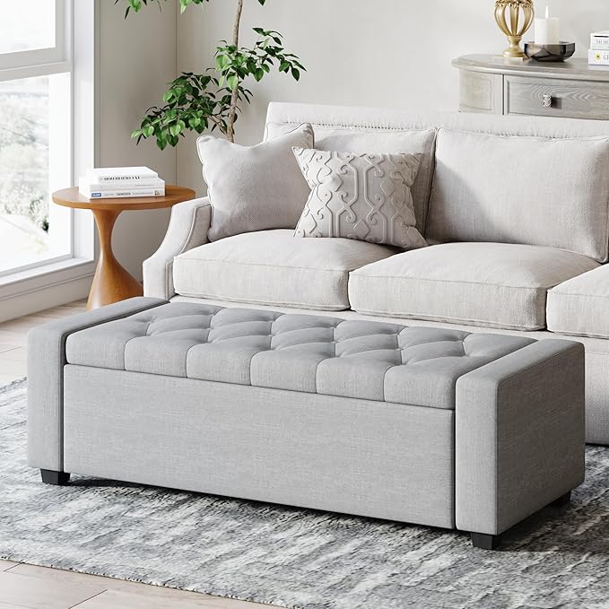 Storage Ottoman Bench,Large Entryway Ottoman with Storage, Rectangular Bench with Cushion and Safety Hinge